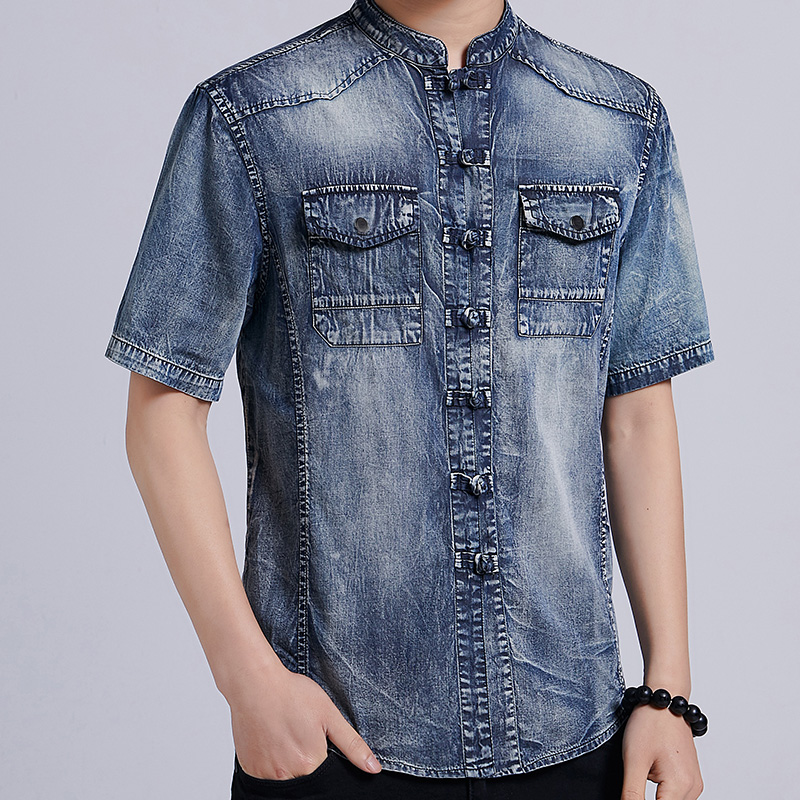 mỏng mùa hè nam ngắn tay Tang ăn mặc gió hàng đầu Trung Quốc retro Trung Quốc Trung Quốc áo sơ mi denim cổ Zhongshan váy