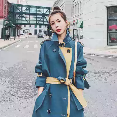 MAJE KARA spring and autumn 2021 new women's blue windbreaker Korean version loose waist thin over-the-knee coat