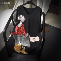 Do not pick the body giant thin cartoon print sequin dress ins casual loose V-neck T-shirt medium-long section