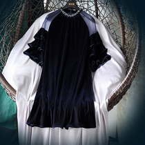 Cant hide the temperament of the celebrity lady diamond stitching lotus leaf sleeve velvet dress see-through mesh A- line dress