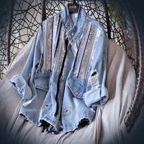 Self-reserved spring and autumn handsome port wind heavy industry sequined denim jacket tide long-sleeved stand-up collar drawstring waist top new product