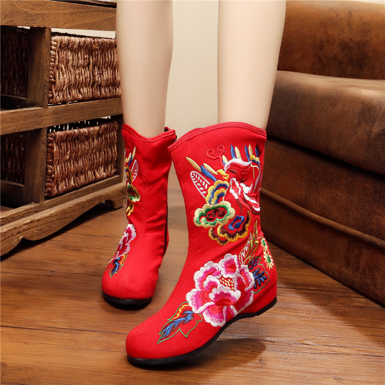 Giày thêu nữ 2017 mới gân bò đế xuồng quốc gia tăng phong cách thời trang giản dị giày boot nữ cổ cao