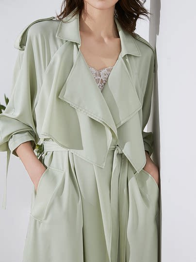 美妃2025春秋新款绿色 中长款紫色小个子垂感单层薄款风衣女外套