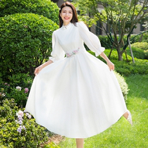 Beauty Princess Liondress Spring and Autumn Fasts 2022 new womens clothes Long live knee style light and luxurious white handmade belt