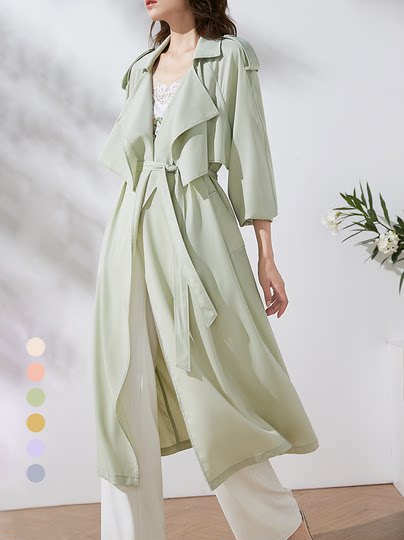 美妃2025春秋新款绿色 中长款紫色小个子垂感单层薄款风衣女外套