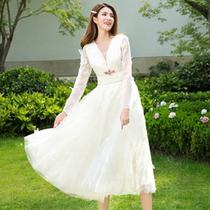 Princess Lianlian dress 2021 new spring and autumn French style collection waist display slim temperament small sub Heavy work embroidered womens clothes