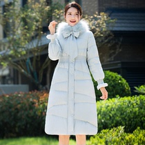 Beauty Princess Down Clothes 2021 New Mid-Length Autumn Winter Coat White Duck Suede Thickened Raccoon Fur Collar Woman