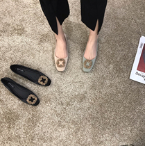 ITSK shoes womens single shoe square head shallow mouth 100 lap comfortable working soft bottom water drill bean shoes