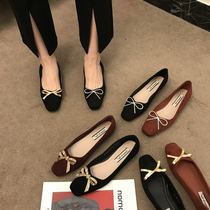 ITSK Shoes Women Single Shoes Water Drilling Butterfly Knot Shallow square head flat bottom shoes Soft bottom Bean Bean Shoes