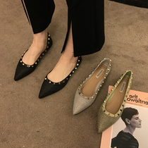 ITSK Single Shoe Woman Pointed Shallow Mouth Rivet Method Flat-bottomed Temperament Women Shoes Soft-bottom Bean-Bean Shoes