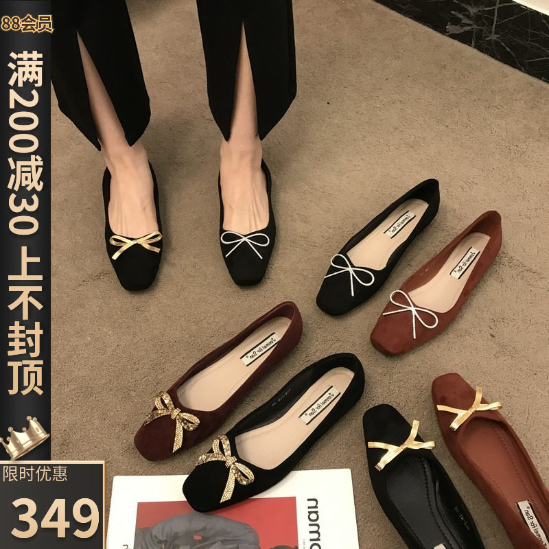 Pie suction eye-ITSK-Single shoes Water Drilling Butterfly Suede Surface shallow square-head flat shoes soft soy bean shoes