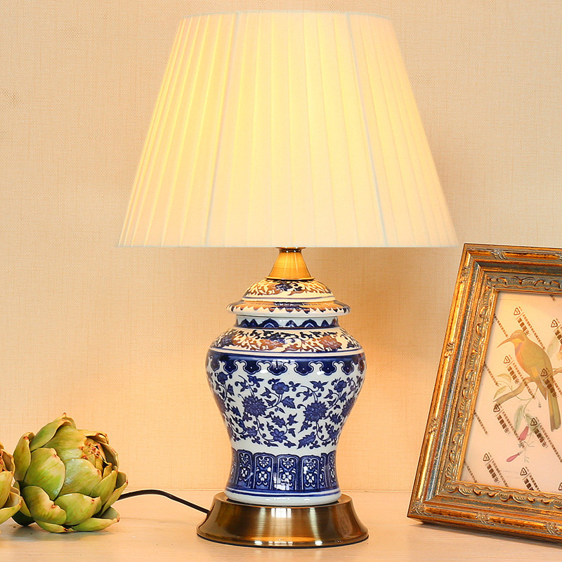 Modern new Chinese blue and white porcelain fashion all copper dimming remote control bedroom study bedside table ceramic table lamps