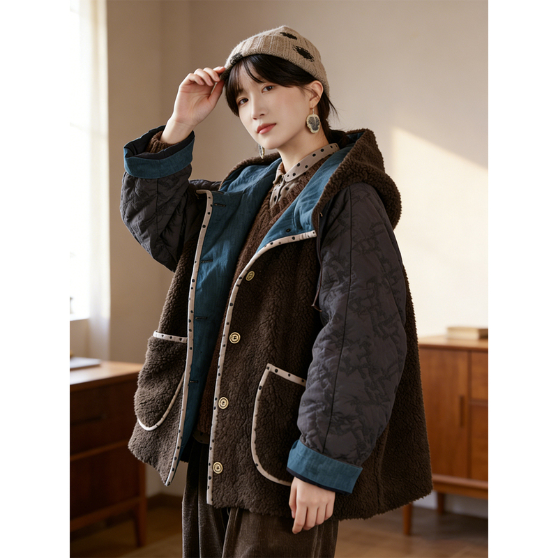 Os7 Artistic Retro Puffer Gray Faux Lamb Wool Warm Hooded Cotton Jacket Women's Winter New Thick Coat