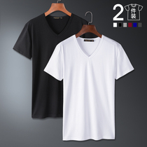 2 pcs) Modal V-neck ice short sleeve T-shirt mens base shirt cotton white Ice Silk half sleeve shirt summer