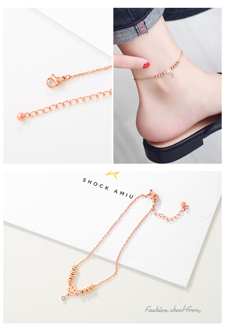 Mo Shang Phiên bản tiếng Nhật và Hàn Quốc mạ vàng hồng 18K vòng chân nữ thời trang bằng thép titan màu vàng nụ cười mặt mũi khoan chuỗi vòng chân phụ kiện thời trang nữ