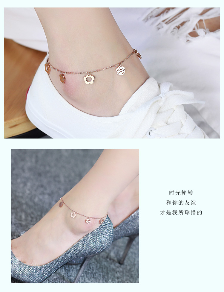 Miễn phí vận chuyển tính khí tua Camellia vòng chân mạ vàng hồng titan thép nữ màu vàng trang sức Hàn Quốc phụ kiện thời trang nữ