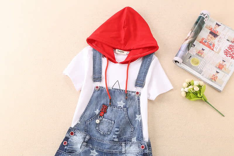 Cô gái denim bib 2018 mới lớn trẻ em mùa hè ăn mặc dây đeo quần short 12-15 tuổi trẻ em mùa hè phù hợp với