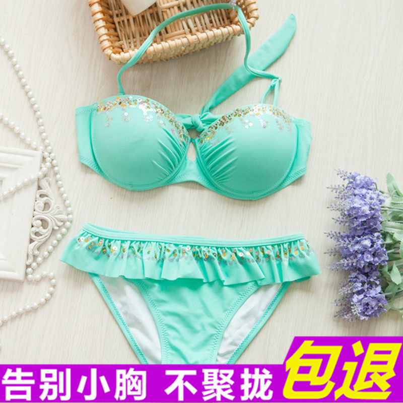 European and American blue small chest steel support gathered three-point bikini swimsuit female fairy fan steel ring hot spring outfit ins style