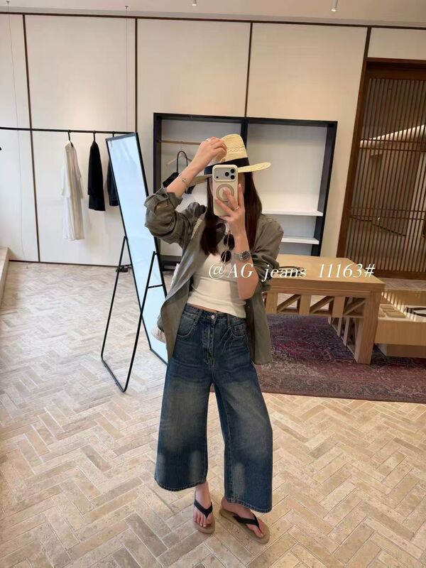 2026 Model Ag11165 Gradient Korean Blue Stylish Cropped Straight Wide-Leg Jeans