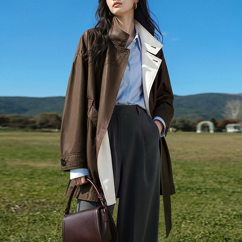 Mk Two-Tone Color-Blocking Urban Long-Sleeve Trench Coat for Women, 2026 Autumn New Matte Coating Minimalist Commuter Jacket