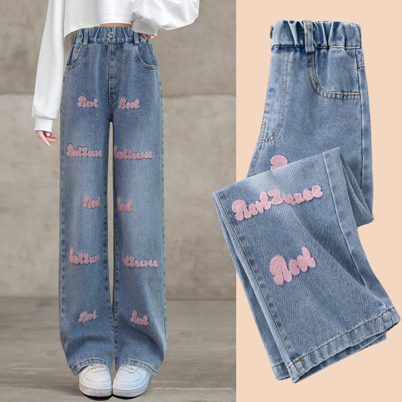 Girl Jeans Spring Autumn 2023 New Children Plus Suede Pants Winter Style Big Boy Broadlegged Pants Girl Winter Clothing Autumn Winter-Taobao