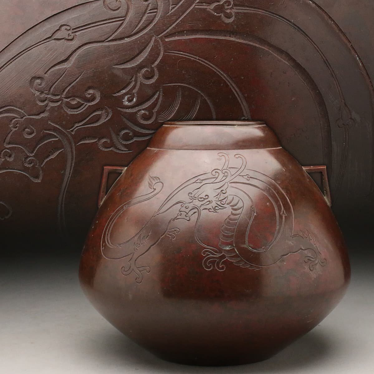斑紫铜制《双耳，片切雕龙纹，宝珠型铜花瓶》日本花道古董铜花瓶