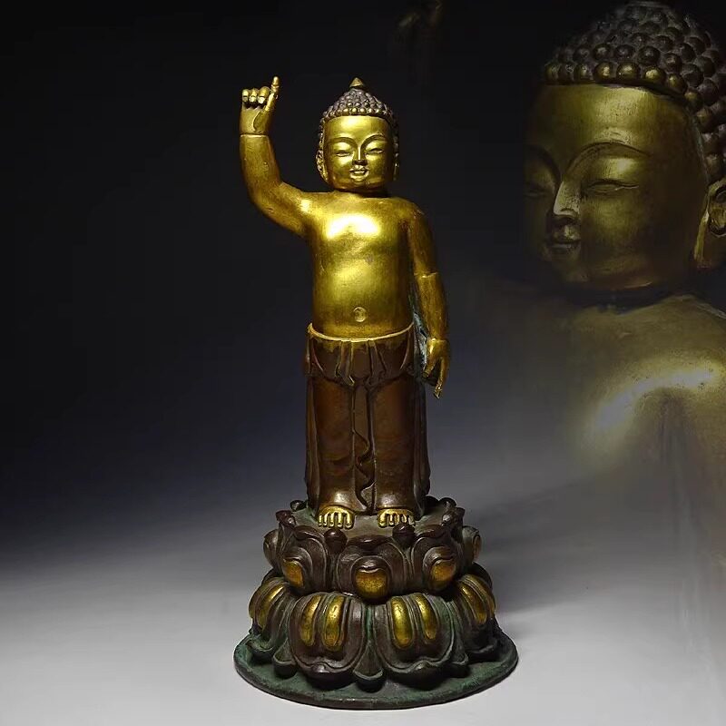 CZ543 時代物 銅製 釋迦誕生像 高13cm 重285g 木箱附・銅佛祖誕生