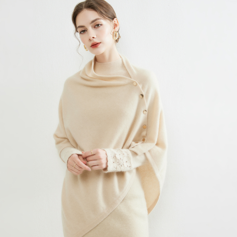 Consi Ni 100% Pure Cashmere Pullover Shawl for Women, Loose Cape Knitwear, Elegant and Stylish Buttoned Cape