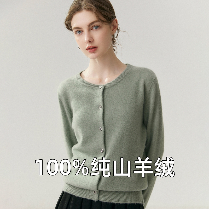 2026 Spring New 100% Pure Cashmere Cardigan for Women, Ready-To-Wear Round Neck Thin Knit Sweater