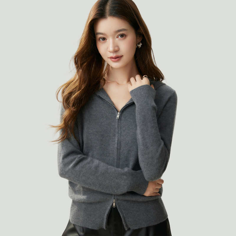 100% Cashmere Hooded Cardigan for Women, Double Zipper Knit Sweater, Soft and Cozy Jacket, Loose Fit, Slimming, Age-Reducing, Casual Hoodie