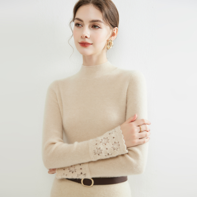 100% Cashmere Sweater for Women, Half-Turtleneck Slim-Fit Base Layer with Slimming Effect, Hollow-Out Cuffs, Crochet Knit Sweater