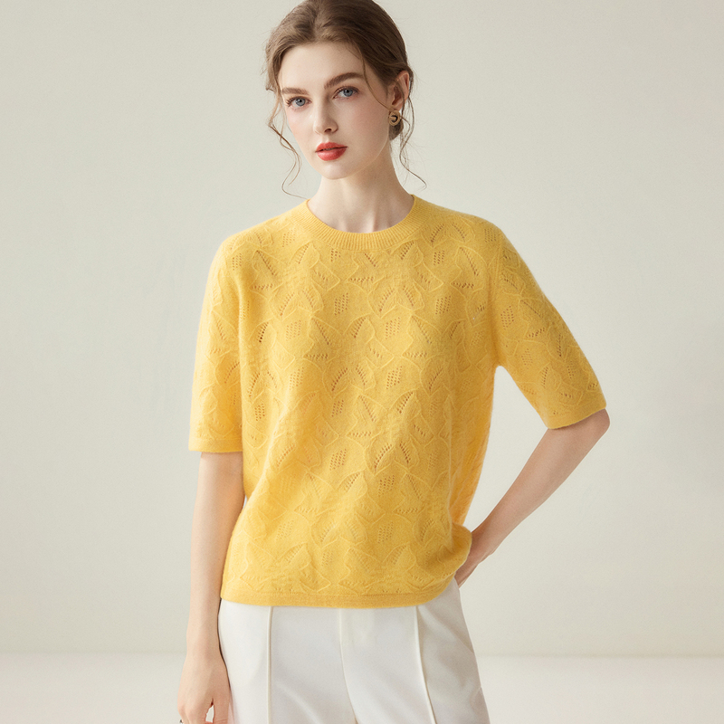Hemline Yarn 75% Cashmere 25% Mulberry Silk Round Neck Short-Sleeved Women's Thin Hollow-Out T-Shirt Soft Knit Top Hemline Yarn 75% Cashmere 25% Mulberry Silk Round Neck Short-Sleeved Women's Thin Hollow-Out T-Shirt Soft Knit Top