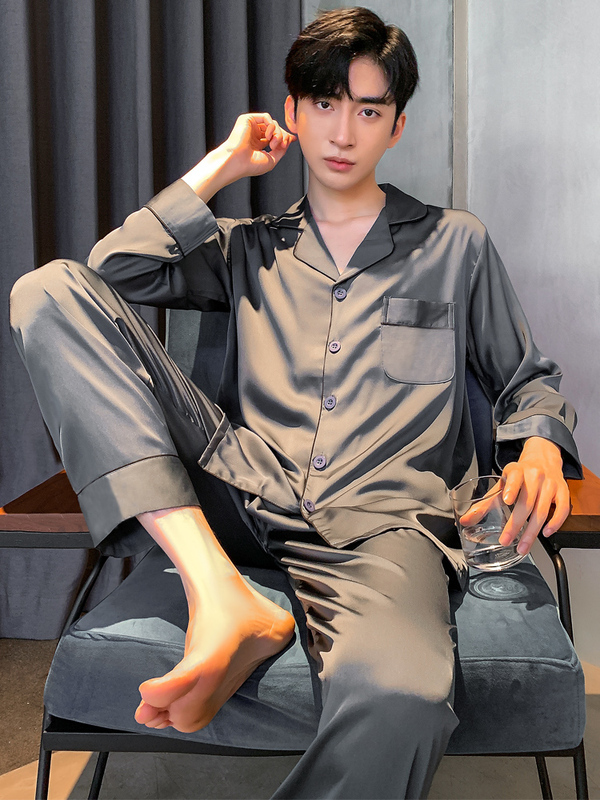 High-End Mulberry Silk Pajamas for Men, Spring and Summer Long-Sleeved Silk Home Clothes, Spring and Autumn Thin Style Set