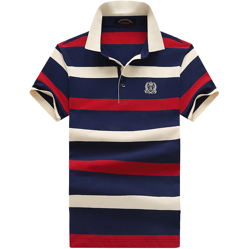 European Style Men's Short-Sleeve T-Shirt with a Turn-Down Collar, Striped, Loose Fit, Plus Size, Business Fashion, 5/4 Sleeve Polo Shirt for Men