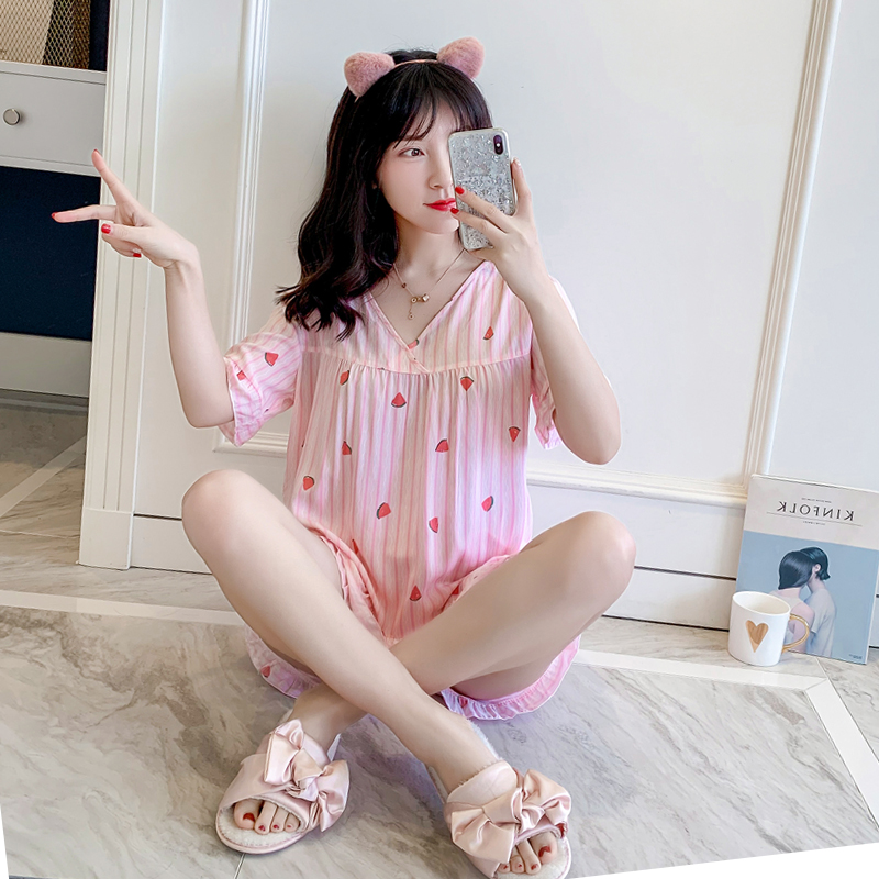 Lady Pyjamas Short Sleeves Spring Slim pure cotton cotton silk Loose Cover Manmade Cotton Casual Summer Home Suit Suit