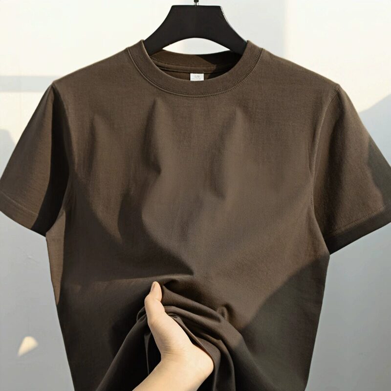 High-End Export~Low-Key yet Flattering~Chocolate Color Heavy Cotton Round Neck Short-Sleeve T-Shirt for Men, Solid Color, Loose Fit