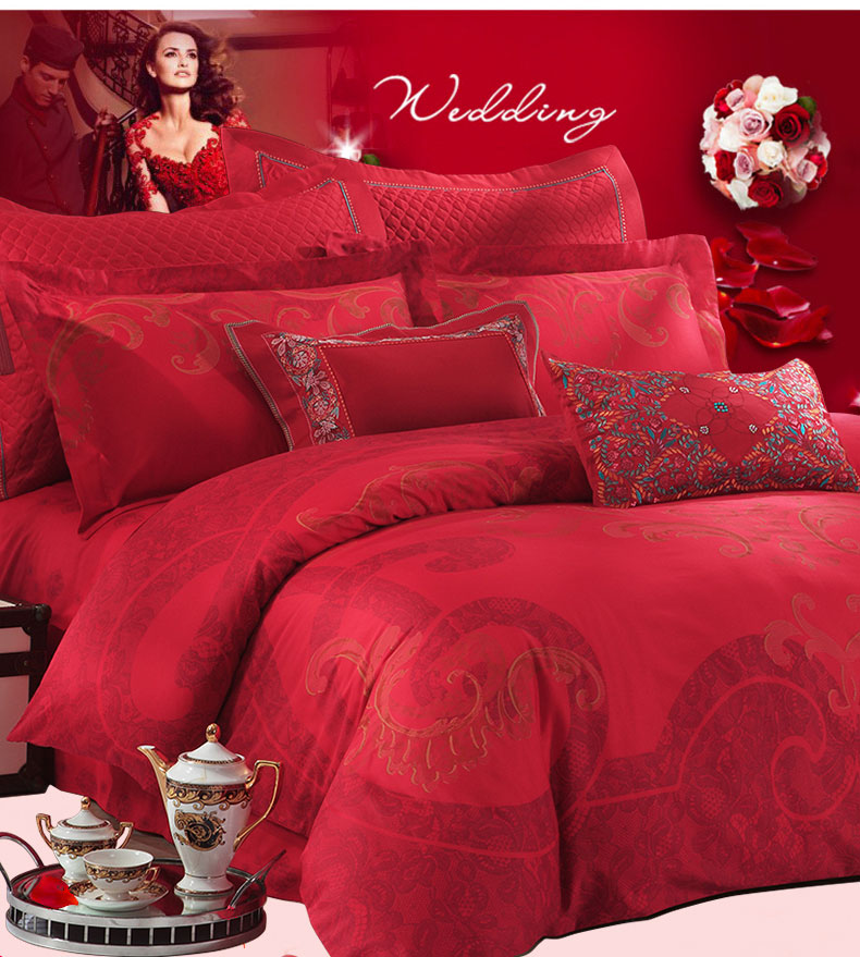 Carolina dệt bông denim giường cưới màu đỏ kết hôn giường 1.8m lanh chăn - Bộ đồ giường bốn mảnh bộ chăn gối