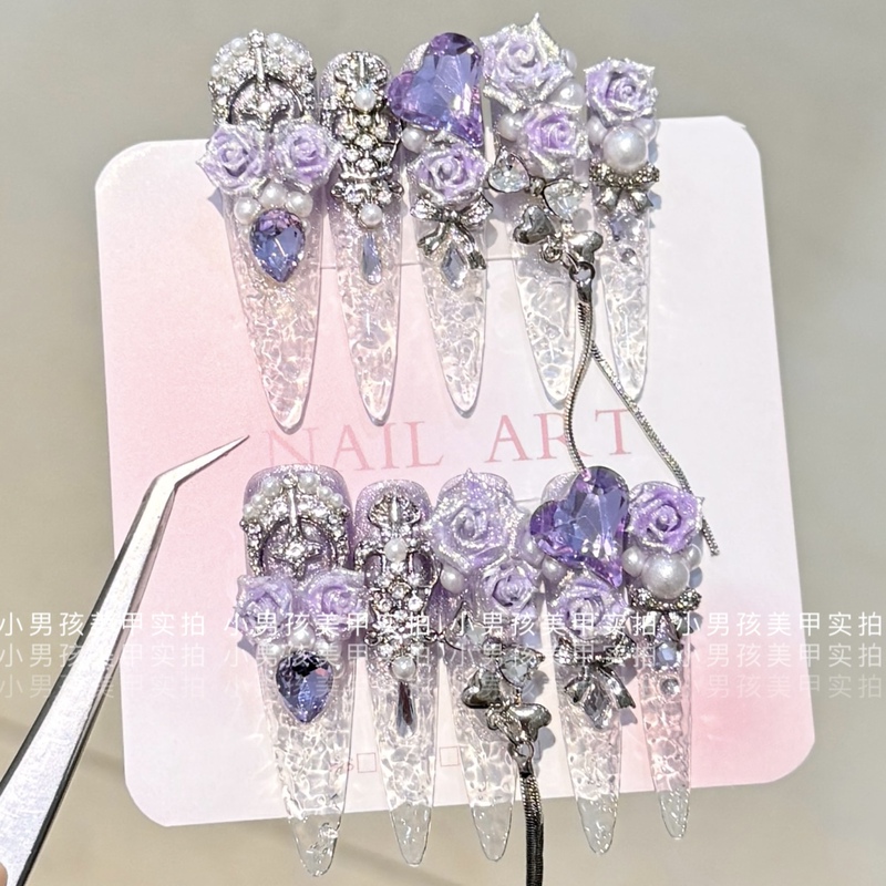 Dreamy Amethyst Glass Crushed Ice Little Boy Manicure, Handmade Wearable Nails, Removable Patches