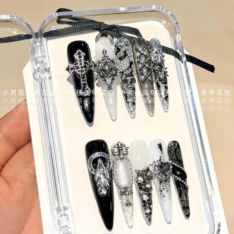 Dark Gothic Style Mysterious Lace Little Boy Manicure, Handmade Wearable Nails with Removable Patches Dark Gothic Style Mysterious Lace Little Boy Manicure, Handmade Wearable Nails with Removable Patches