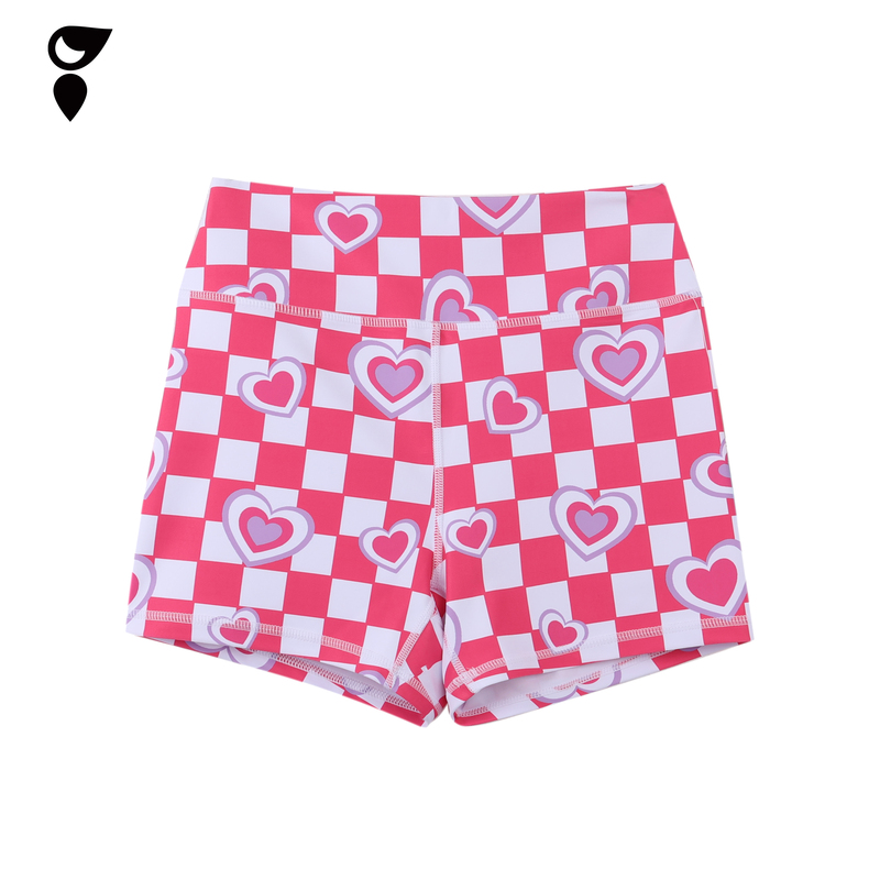 Hardship｜Grid Heart Fitness Tummy Control Butt Lifting Women's Floral Shorts Pink and White Checkered Elastic Sweat-Wicking Shorts