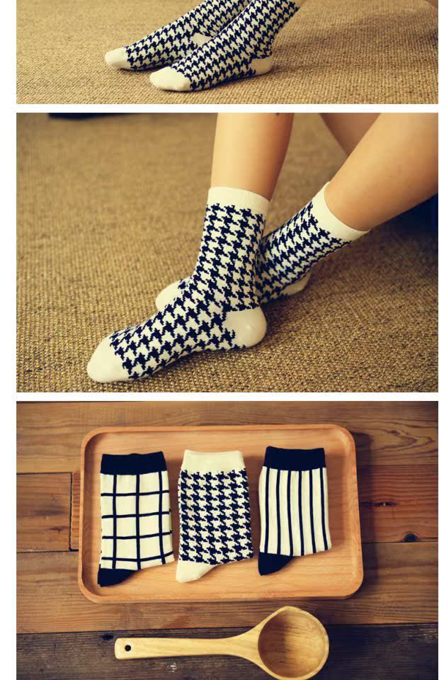 Phong cách retro retro đơn giản houndstooth hình học của phụ nữ vớ dài Sen nữ ngọt ngào ủng nữ vớ vớ cao