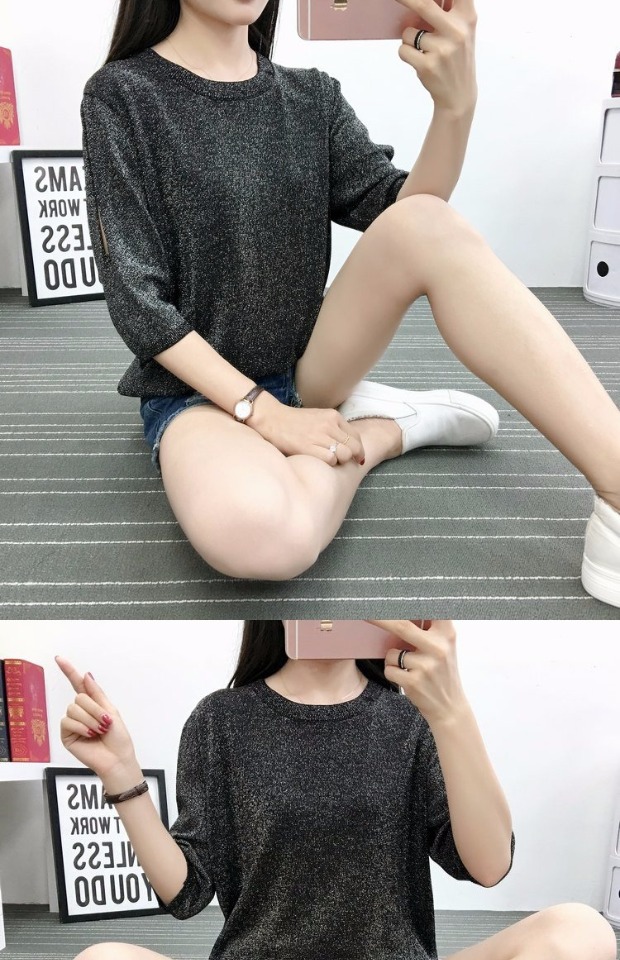 Mùa hè phiên bản Hàn Quốc mới của bộ quần áo len lụa băng giá điều hòa áo sơ mi vàng và sequin bạc Áo thun nữ tay ngắn áo len nữ công sở
