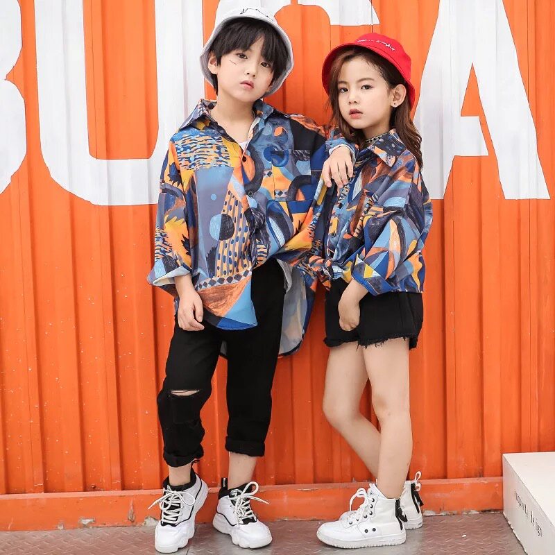 Children's jazz clothes Spring Festival evening party performance costumes hip-hop street dance clothes HIPHOP costume flower shirt poping