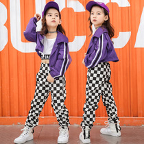 2021 autumn new childrens Jazz Purple short coat European and American hip hop loose Street tide long sleeve coat girl
