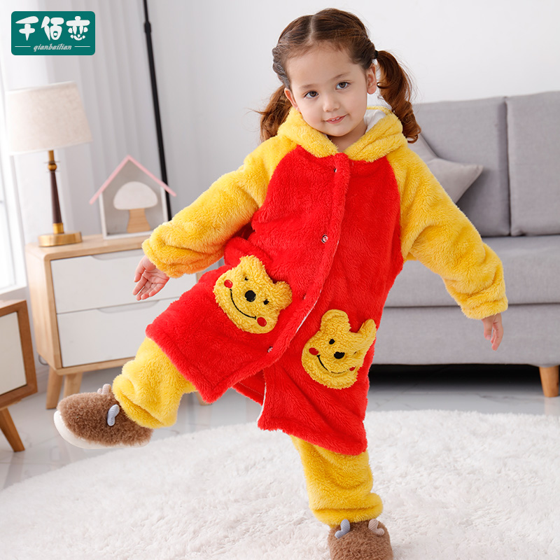 Children's flannel pyjamas warm autumn and winter little girl Home Sleeping Gown Girls Baby Cartoon Home Clothing Thickening