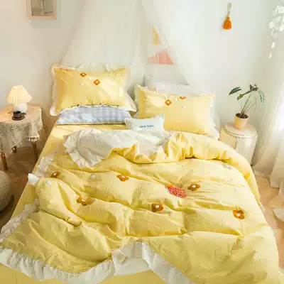 Yan Yan Wash Cotton Four Piece Hyuna Flower Cotton quilt cover Ruffles quilt cover Korean ins
