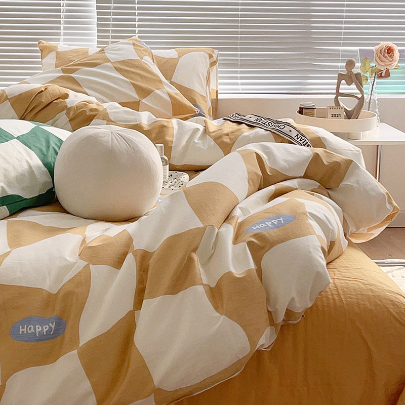 Net Red Warm Yellow full cotton pro-skin four pieces Chessboard Lattice Pure Cotton Quilt Cover Girl student All cotton soft bed Bed Hat
