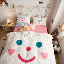 Korean cute girl feng shui wash cotton four-piece smiley face pattern cotton quilt cover ins Wind cotton bedding