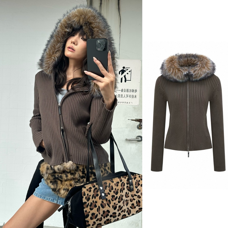 In Stock, Same Style as Jin Jing, Weeeechan Next Morning, Hooded Large Fur Collar Zipper Sweater Jacket, Army Green