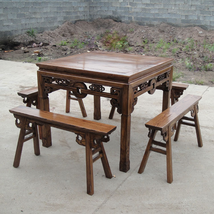 Full solid wood minimalist dining table and chairs set with Chinese imitation antique Eight-fairy table Home Square Dining Terrace Small Square Table Elm Wood